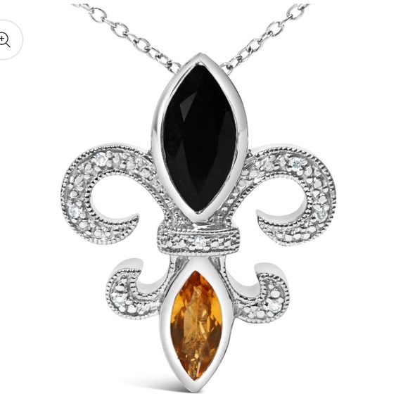 Haus of Brilliance Marquise Onyx Citrine and Diamond Fleur De Lis Necklace 18" - Picture 2 of 5